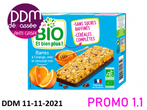Anti-gaspillage barres à l’orange, miel et chocolat noir DDM 11-11-2021